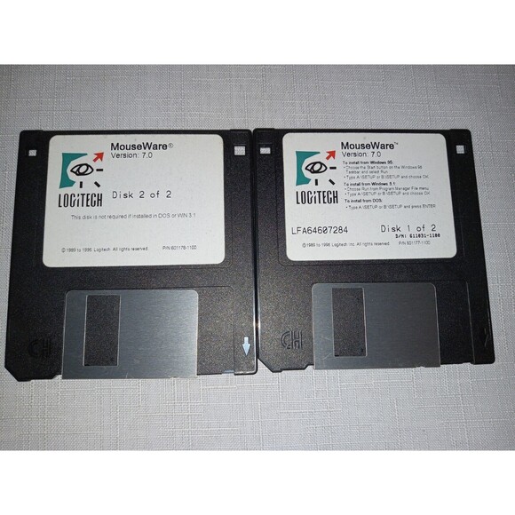 Logitech MouseWare 7.0 Installer, 2 floppy disks 1996, for Windows 3.1 - Picture 1 of 2